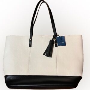 NWT Cole Haan Bayleen Tassel Ivory Black Large Leather Tote Bag